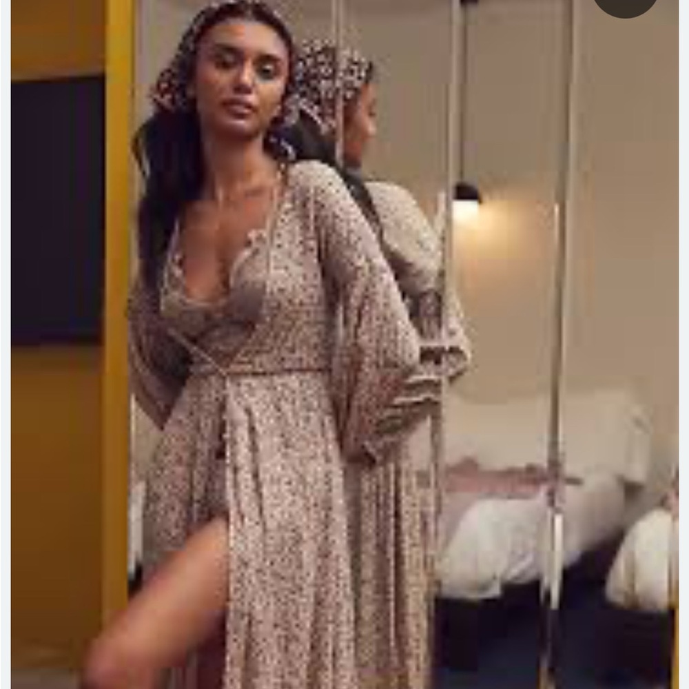 Free People Cream Floral Maxi Wrap Dress with Headscarf